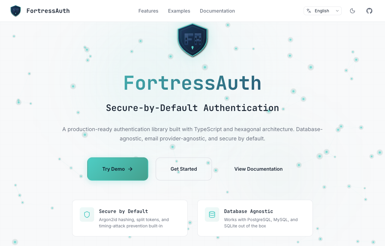 FortressAuth public website introducing the authentication platform and developer documentation.