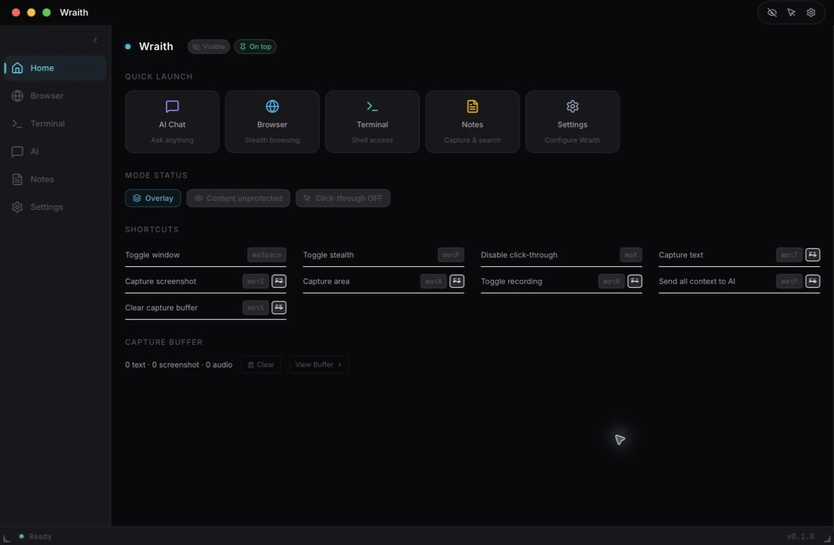 Wraith desktop home screen showing its AI, browser, terminal and notes tools.